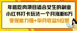 年底吃肉项目适合女生的副业小红书打卡玩法一个月涨粉6万+变现能力强+单月收益5位数-吾藏分享