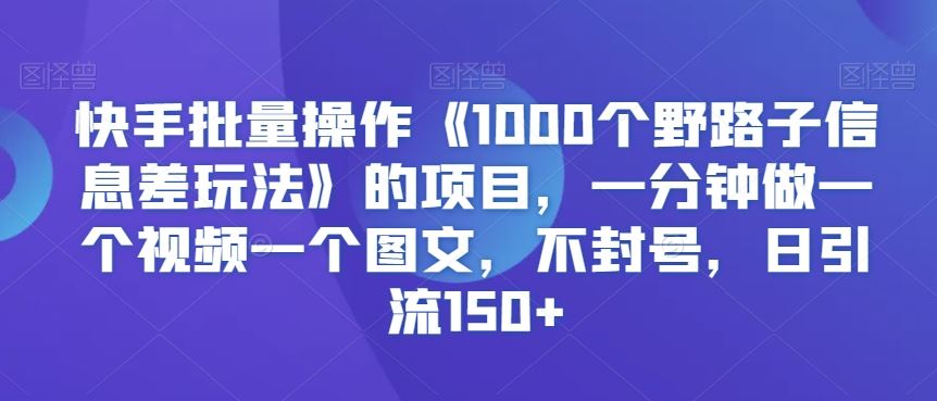 快手批量操作《1000个野路子信息差玩法》的项目，一分钟做一个视频一个图文，不封号，日引流150+【揭秘】-吾藏分享