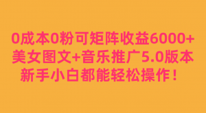 0成本0粉可矩阵月收益6000+，美女图文+音乐推广5.0版本，新手小白都能轻松操作！-吾藏分享