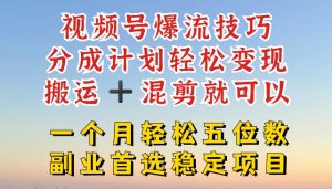 视频号爆流技巧，分成计划轻松变现，搬运 +混剪就可以，一个月轻松五位数稳定项目-吾藏分享