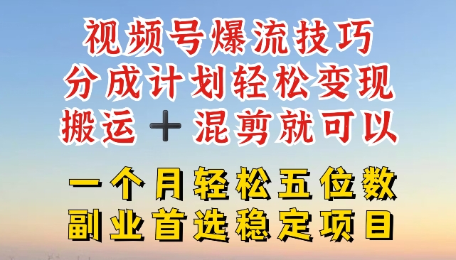 视频号爆流技巧，分成计划轻松变现，搬运 +混剪就可以，一个月轻松五位数稳定项目-吾藏分享