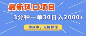 最新风口项目操作，3分钟一单30。日入2000左右，零成本，无脑操作。-吾藏分享