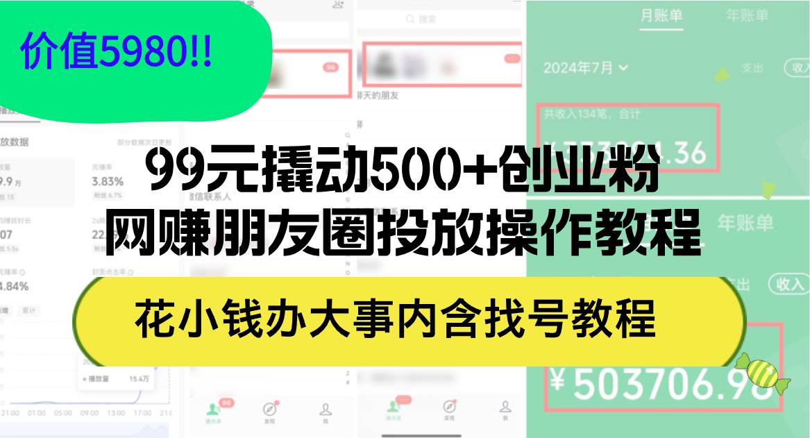 99元撬动500+创业粉，网赚朋友圈投放操作教程价值5980！花小钱办大事内…-吾藏分享