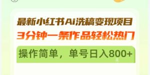 最新小红书Ai洗稿变现项目 3分钟一条作品轻松热门 操作简单，单号日入800+-吾藏分享