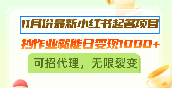 11月份最新小红书起名项目，抄作业就能日变现1000+，可招代理，无限裂变-吾藏分享