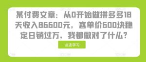 某付费文章：从0开始做拼多多18天收入86600元，客单价600块稳定日销过万，我都做对了什么?-吾藏分享