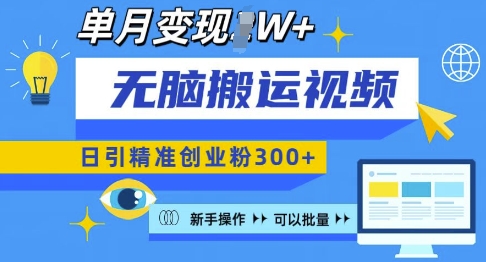 无脑搬运视频号可批量复制，新手即可操作，日引精准创业粉300+，月变现过W-吾藏分享