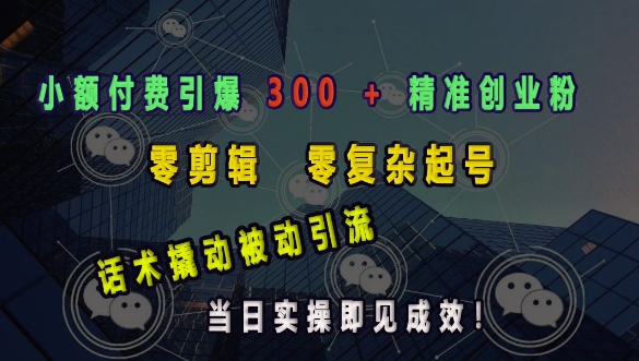 小额付费引爆 300 + 精准创业粉，零剪辑、零复杂起号，话术撬动被动引流，当日实操即见成效-吾藏分享